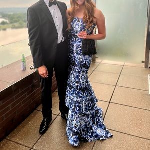 Blue and white XSCAPE formal gown, style 2193, Size 10